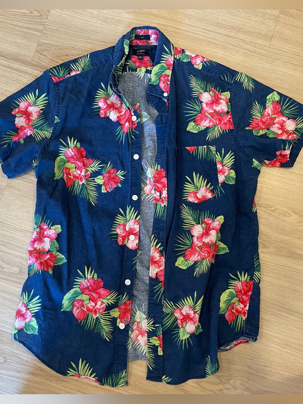 J. Crew Navy Floral Linen-Cotton Camp Shirt with Pink-Red Hibiscus